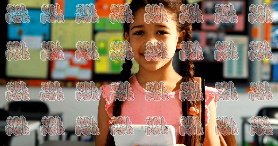 Confident girl holding book in school, symbolizing girl power