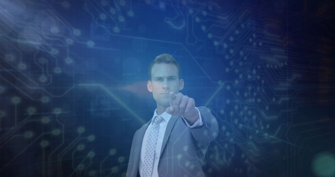 Businessman Interacting with Digital Interface and Circuit Background