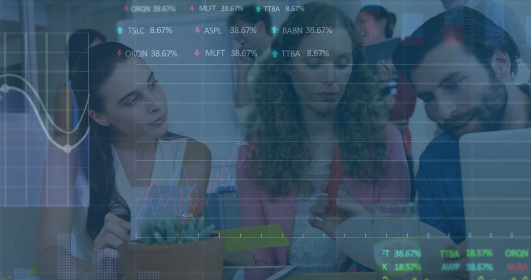 Diverse Team Analyzing Financial Data with Stat Graph Overlays