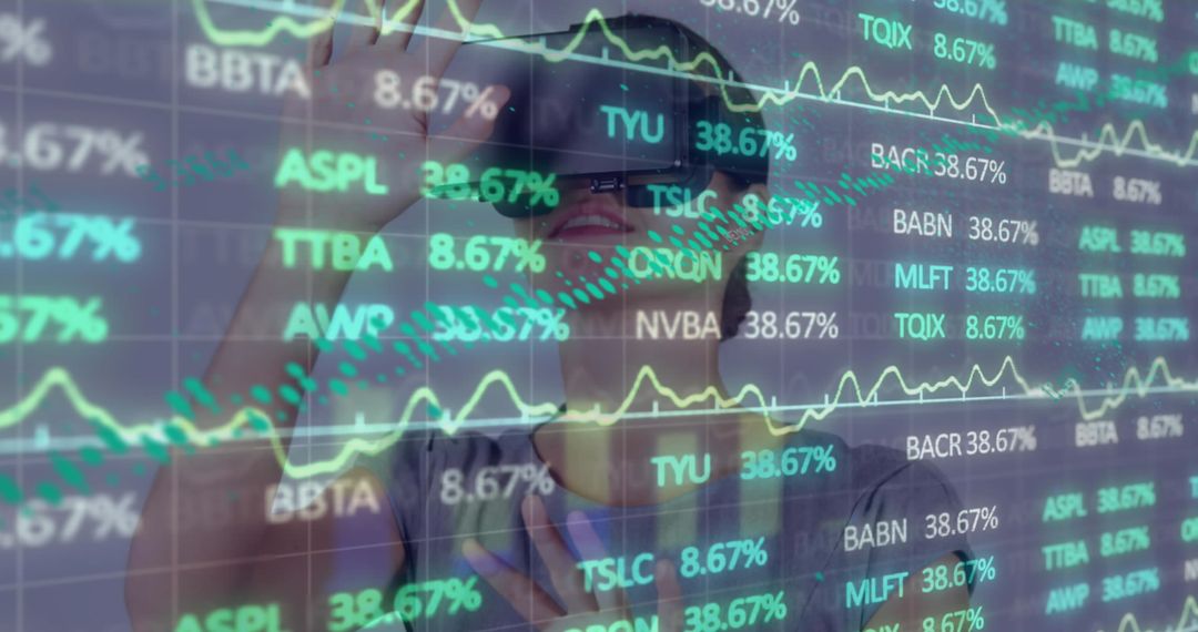 Caucasian Woman Using VR Headset with Financial Data Overlay