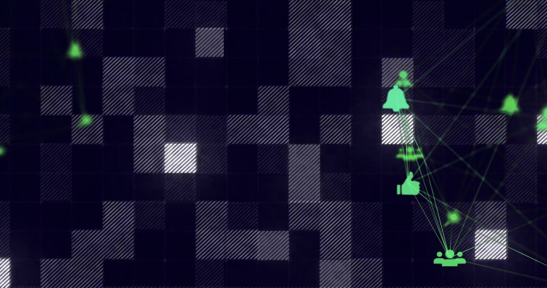 Neon Social Network Grid with Interconnected Icons on Dark Background