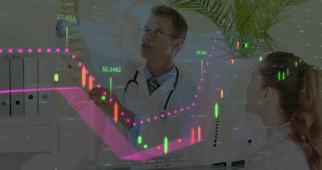 Doctors Analyzing Data with Overlaid Financial Chart Elements