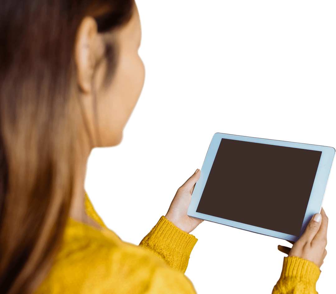 Side View Asian Woman in Yellow Sweater Holding Tablet with Transparent Screen