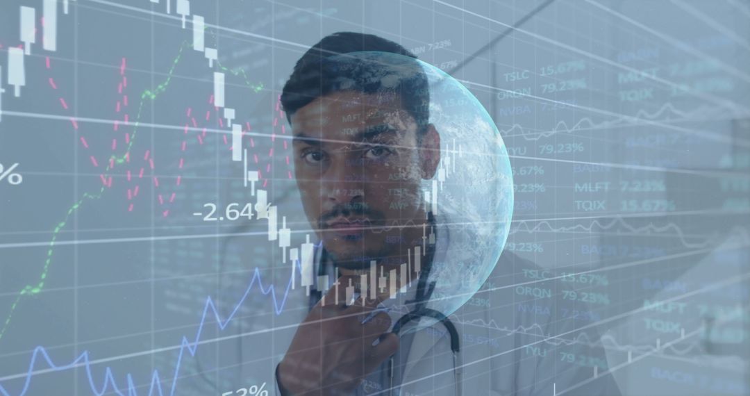 Doctor Reviewing Trading Charts on Transparent Display in Clinical Setting