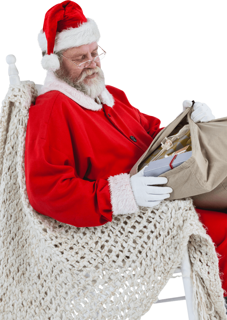 Transparent Santa Claus Checking Gifts on Rocking Chair