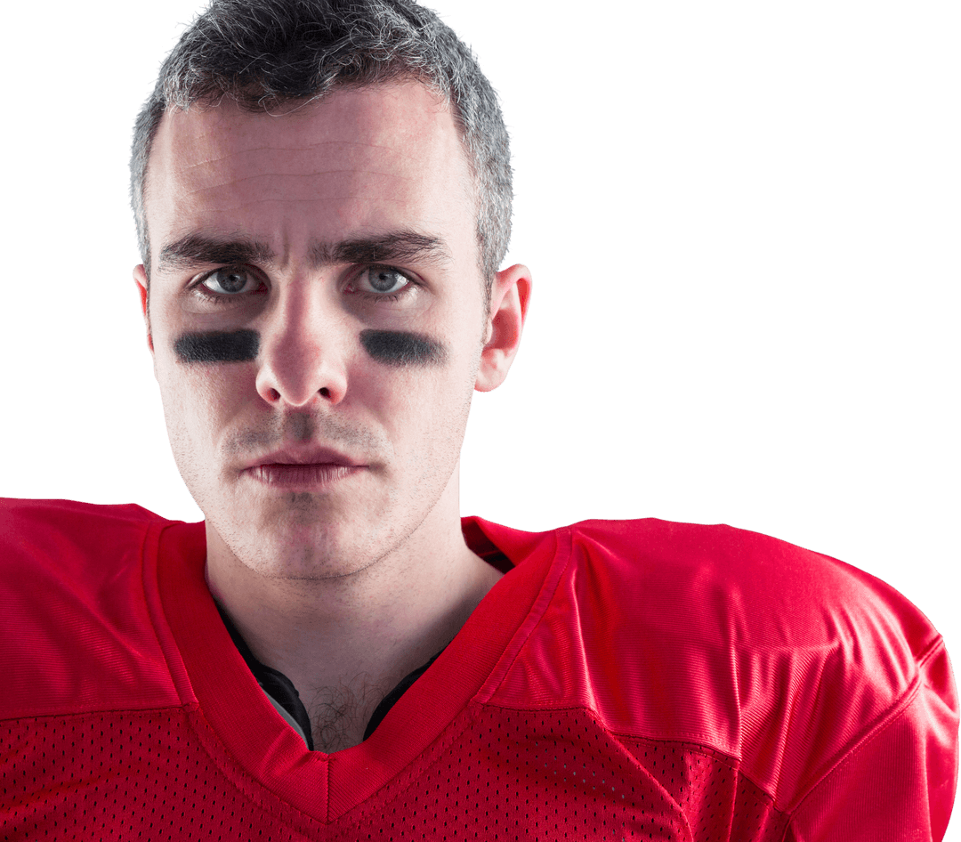 Serious American Football Player Wearing Red Jersey on Transparent Background