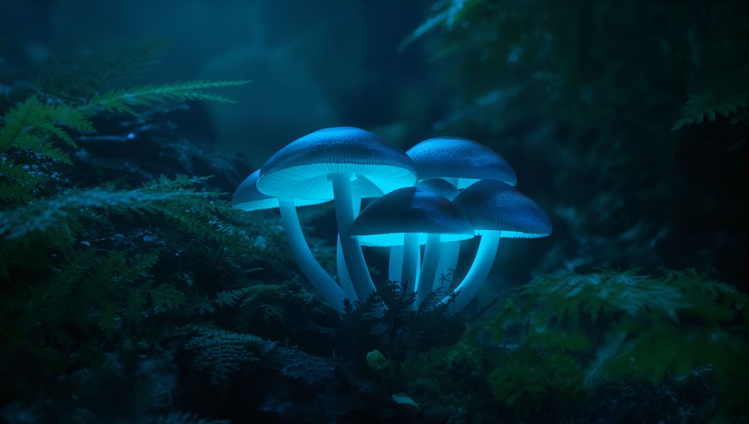 Bioluminescent Mushrooms Glowing in Mystical Forest