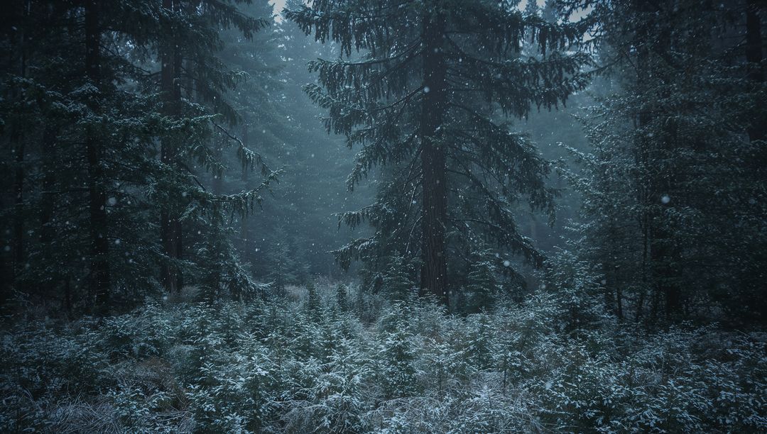 Snow falling through misty conifer forest with towering fir at dawn