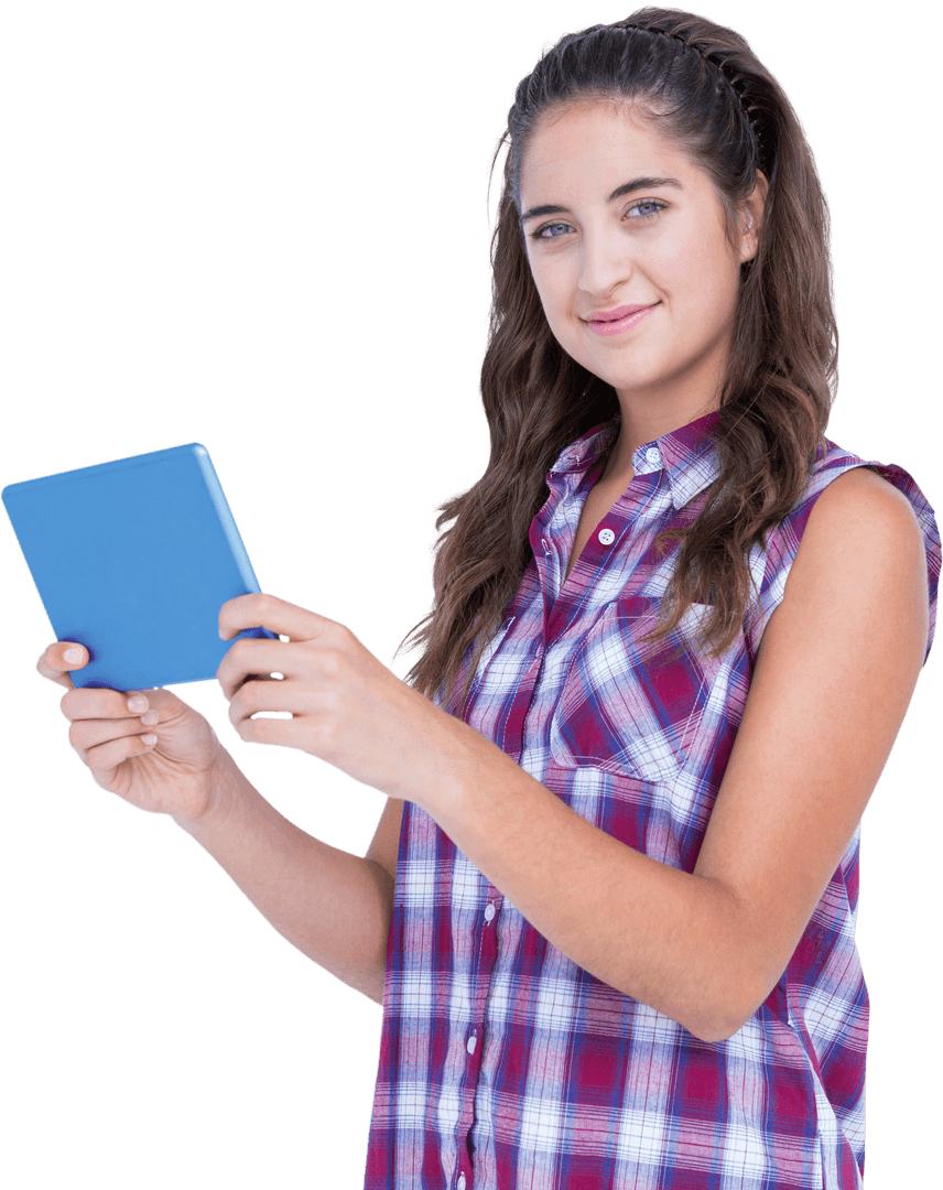 Transparent Woman Smiling Holding Tablet Enthusiastically