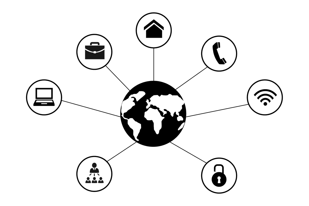 Transparent Digital Illustration of Globe with Communication Icons