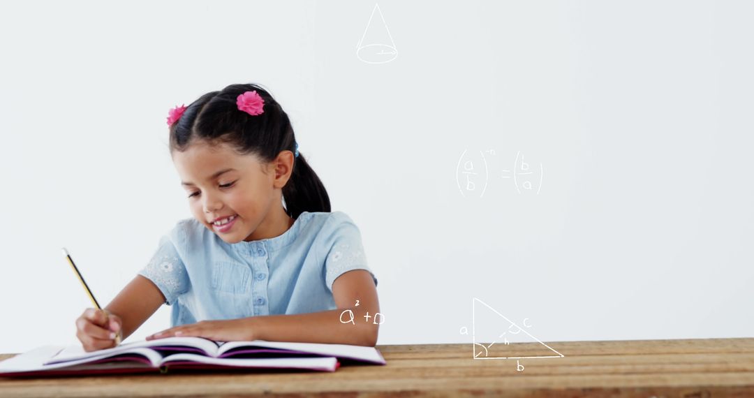 Happy Biracial Girl Doing Homework with Math Formulas Overlay