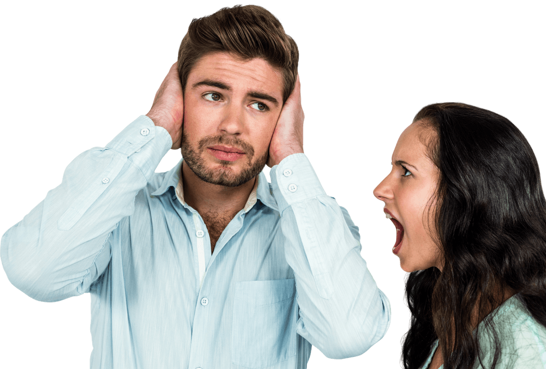 Man Ignoring Angry Woman by Covering Ears on Transparent