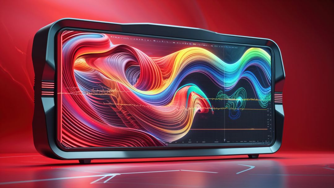 Futuristic digital art in red-lit studio with multicolored holographic waves, seismograph concept