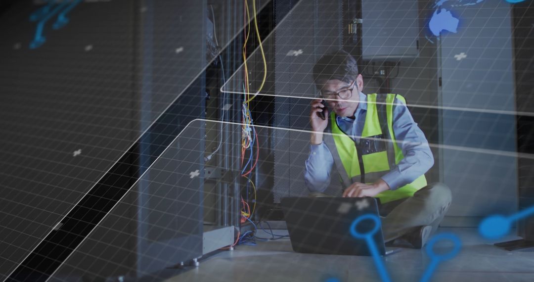 Technician in Server Room Managing Data via Laptop and Smartphone