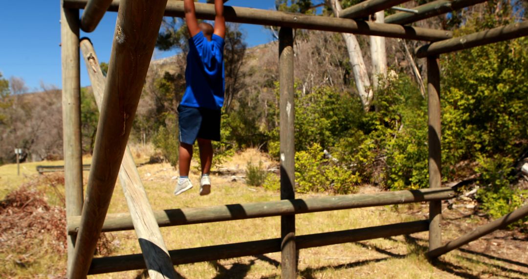 Young Boy Climbing Outdoor Jungle Gym on Sunny Day - Free Images, Stock Photos and Pictures on Pikwizard.com