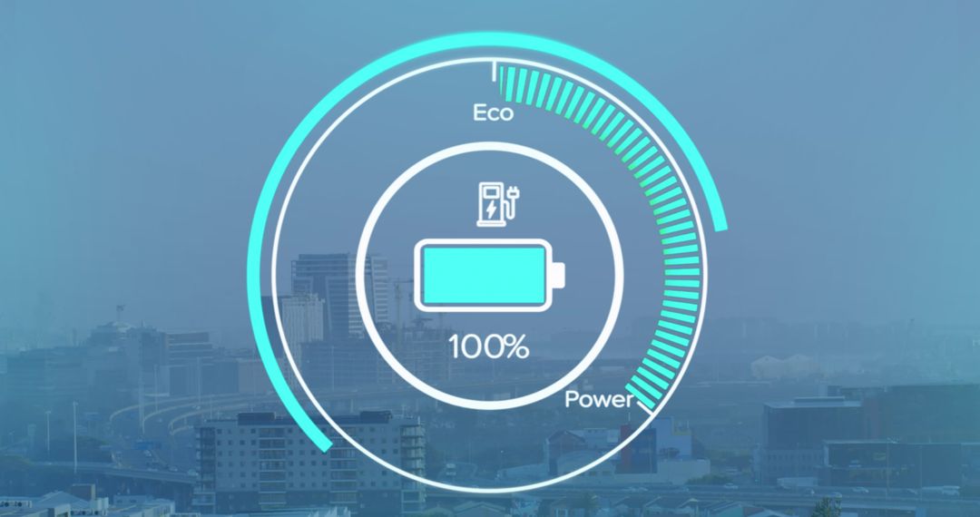 Digital Interface Displaying Eco Power Over Cityscape