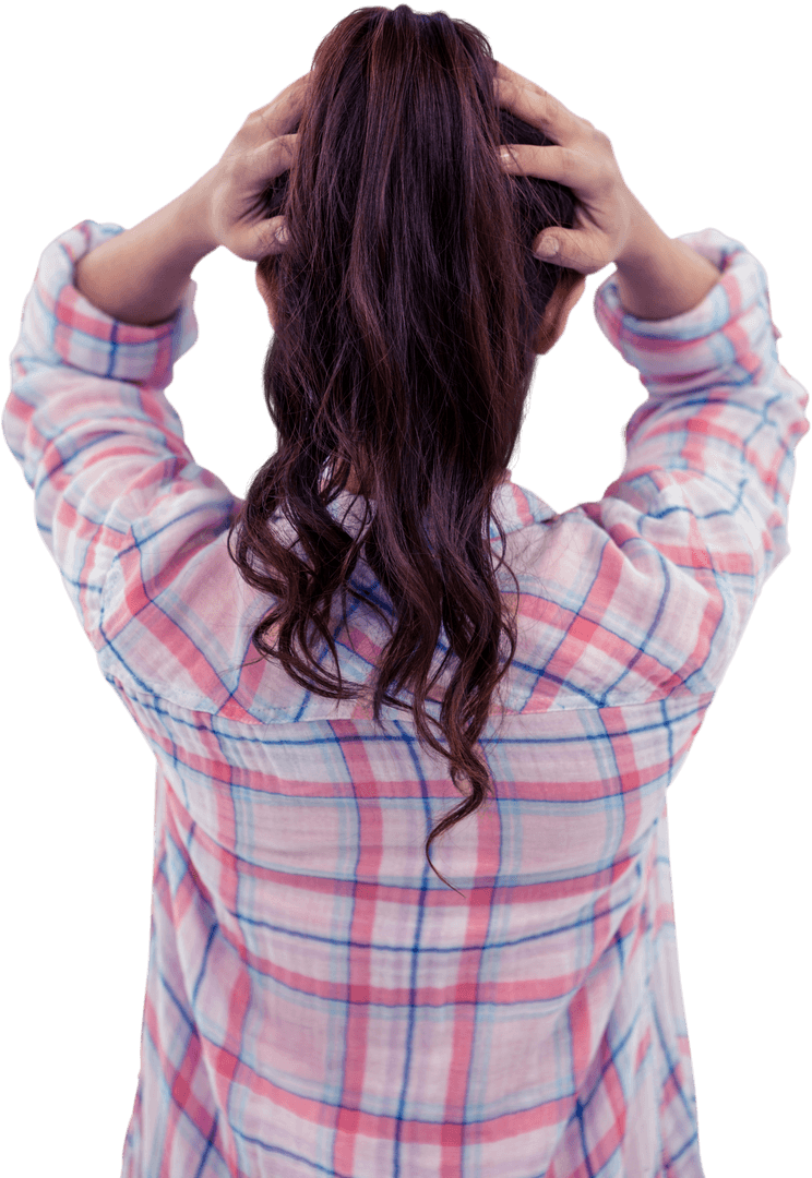 Woman Holding Hair in Contemplative Moment with Notes Transparent Background
