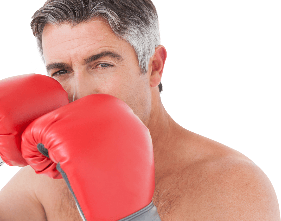 Confident Middle-Aged Man with Boxing Gloves on Transparent Background