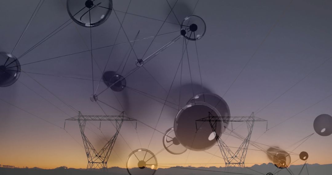 High-Voltage Towers at Dusk with Digital Spheres and Lines