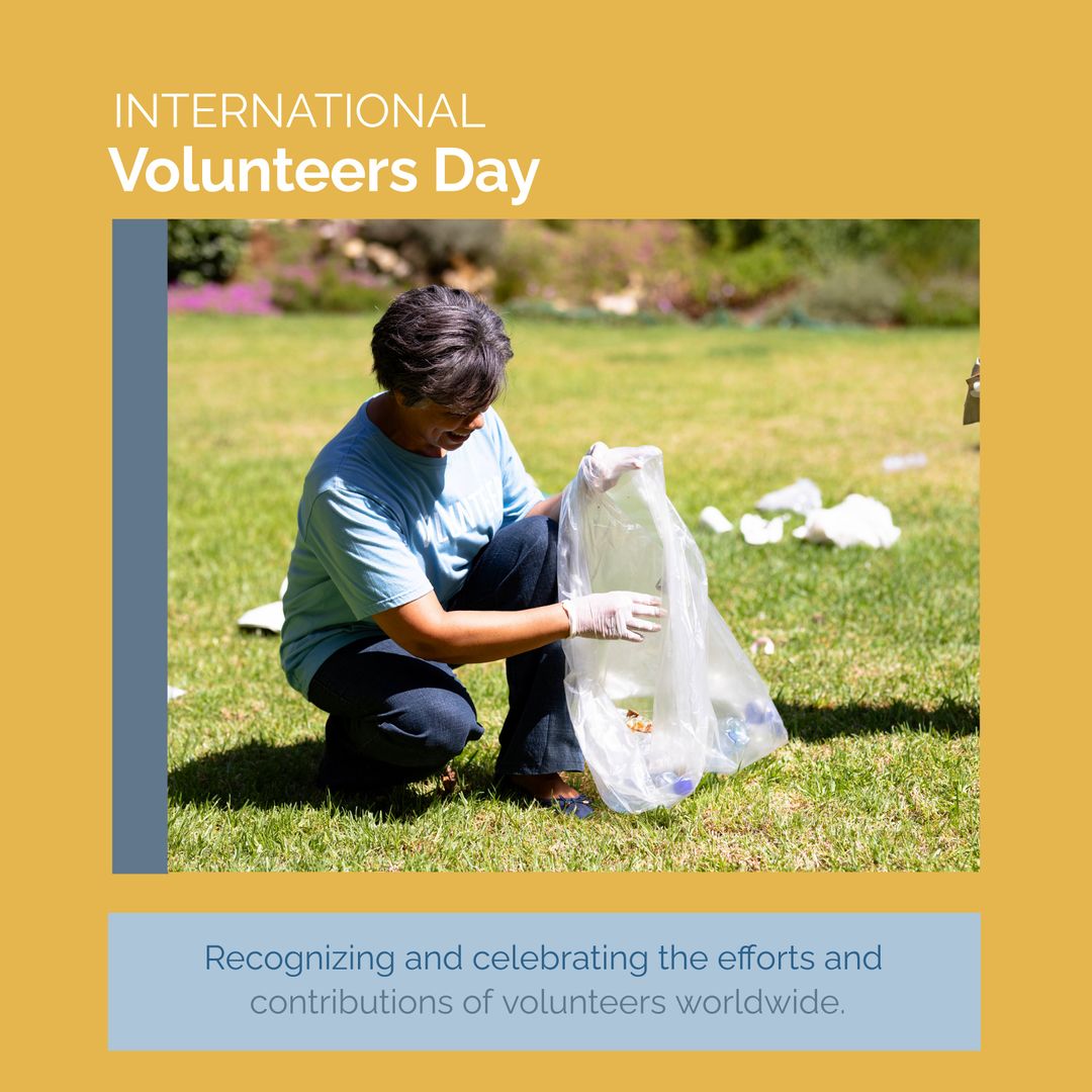 Biracial Woman Collecting Trash for International Volunteers Day