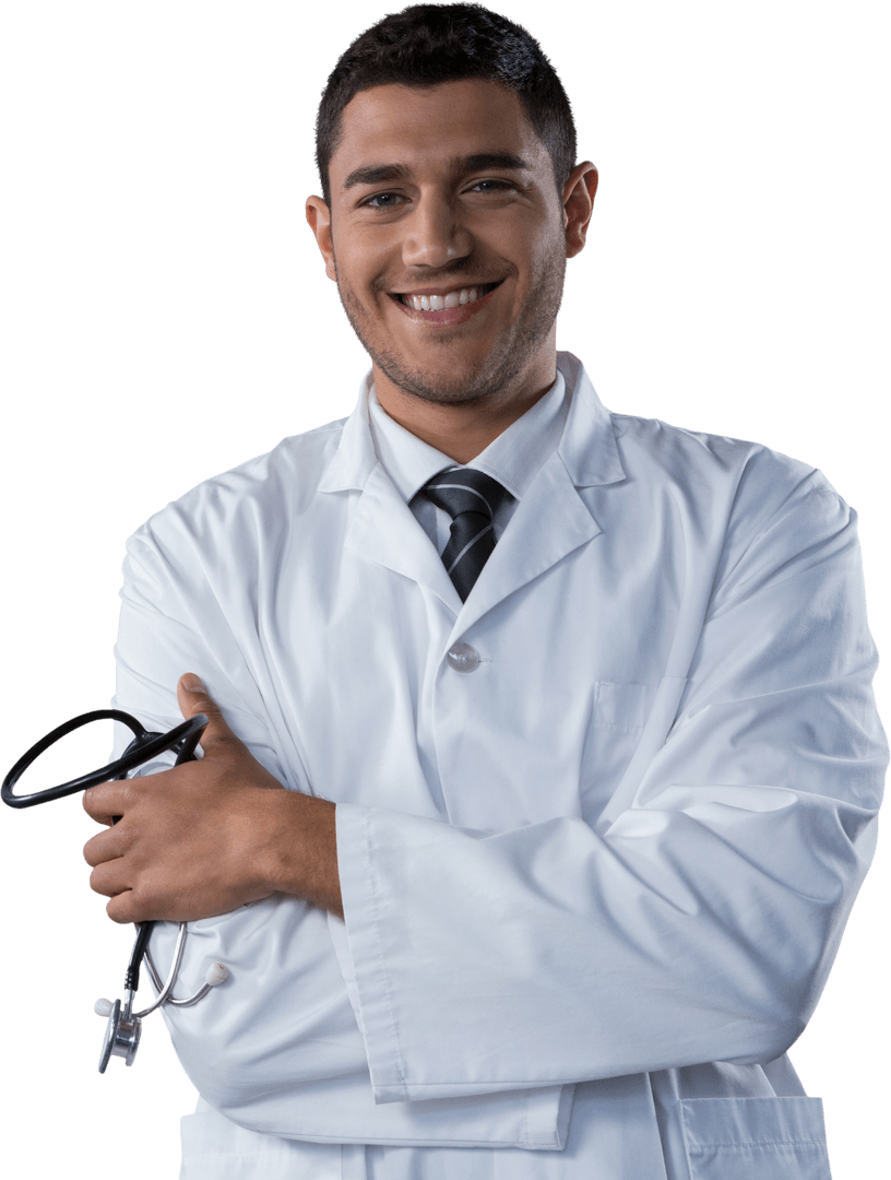 Confident Smiling Doctor Holding Stethoscope on Transparent Background