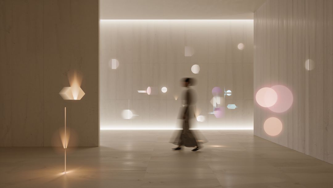 Minimalist Futuristic Lobby with Walking Blurred Woman and Ambient LED Lighting