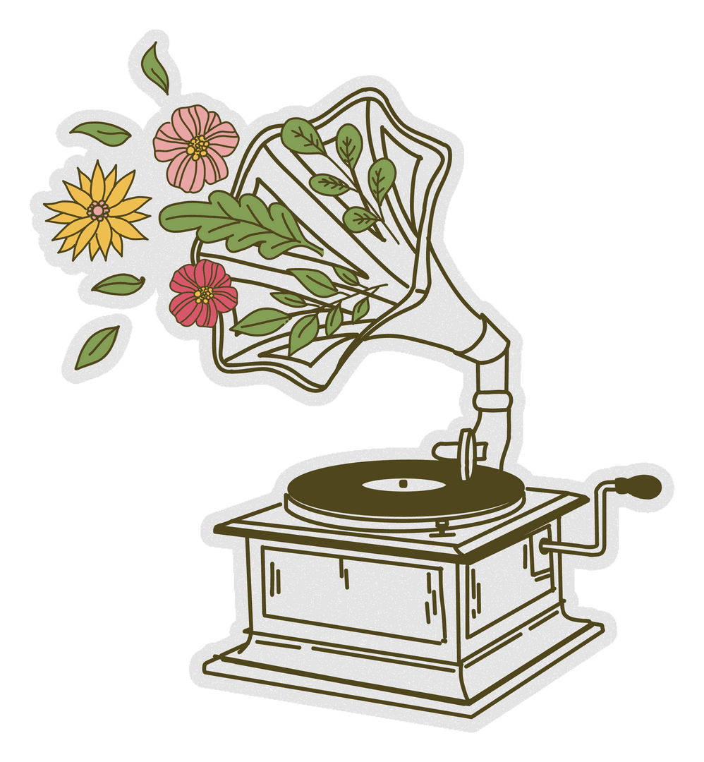 Vintage Gramophone with Vibrant Floral Burst on Transparent Background