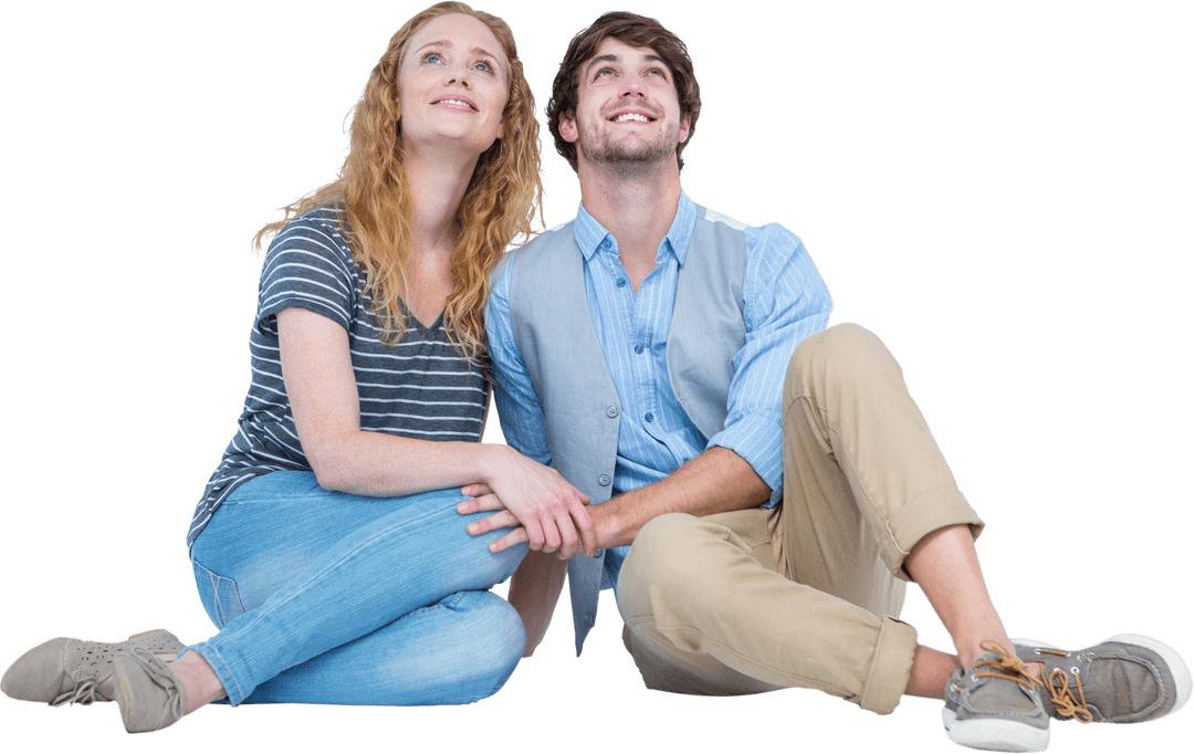 Joyful Couple Sitting Together on Transparent Background