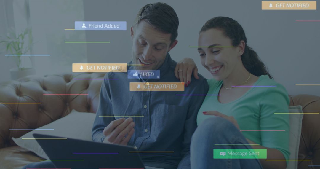 Couple Interacting with Laptop and Social Media Alerts in Cozy Living Room