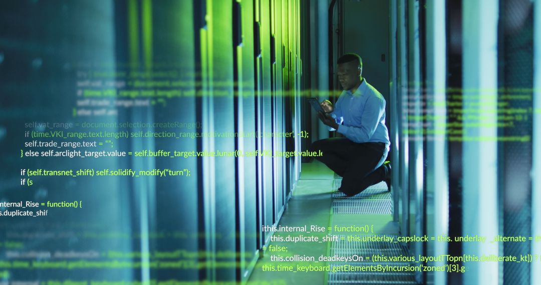 Engineer Using Tablet in Server Room with Digital Code Overlay