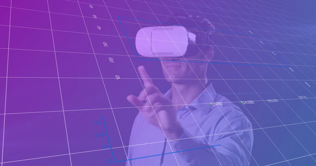 Man Using VR Headset with Digital Interface Overlay