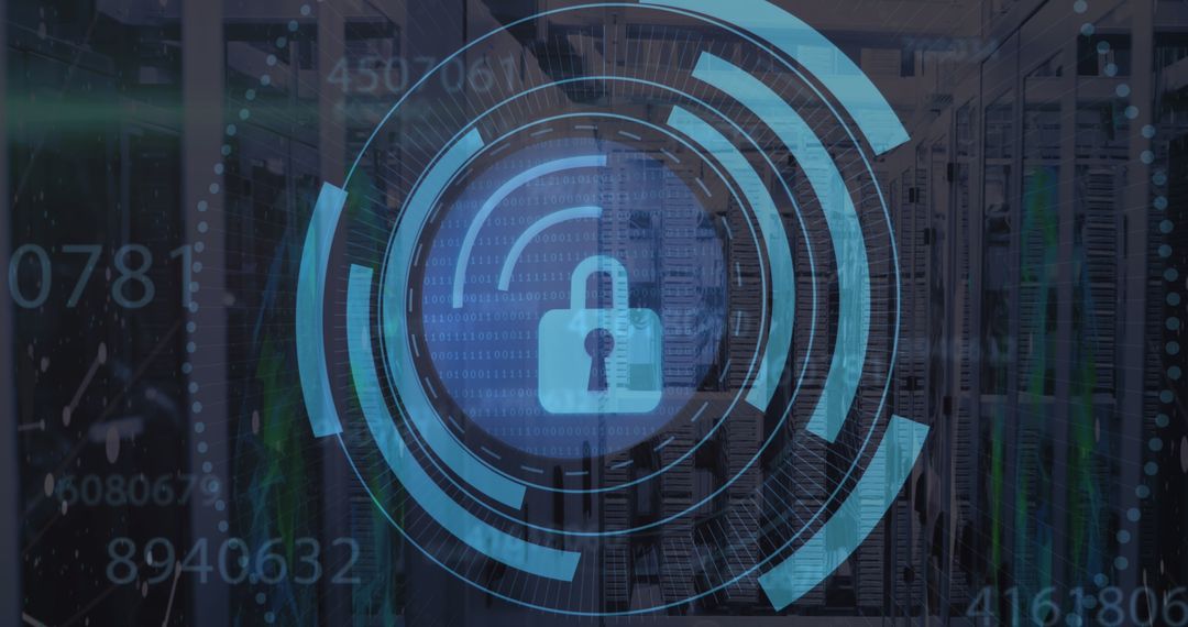 Cybersecurity Concept in Server Room with Padlock and Scanning Overlay