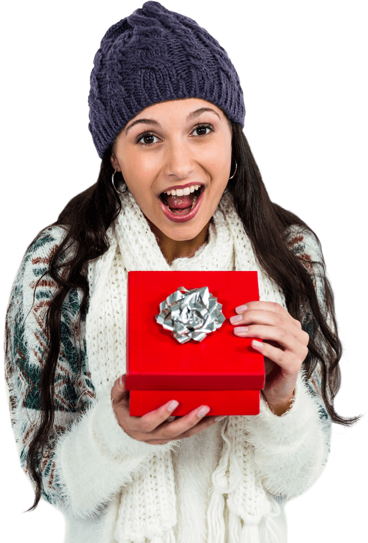 Surprised Woman with Red Gift Box in Winter Attire Transparent Background
