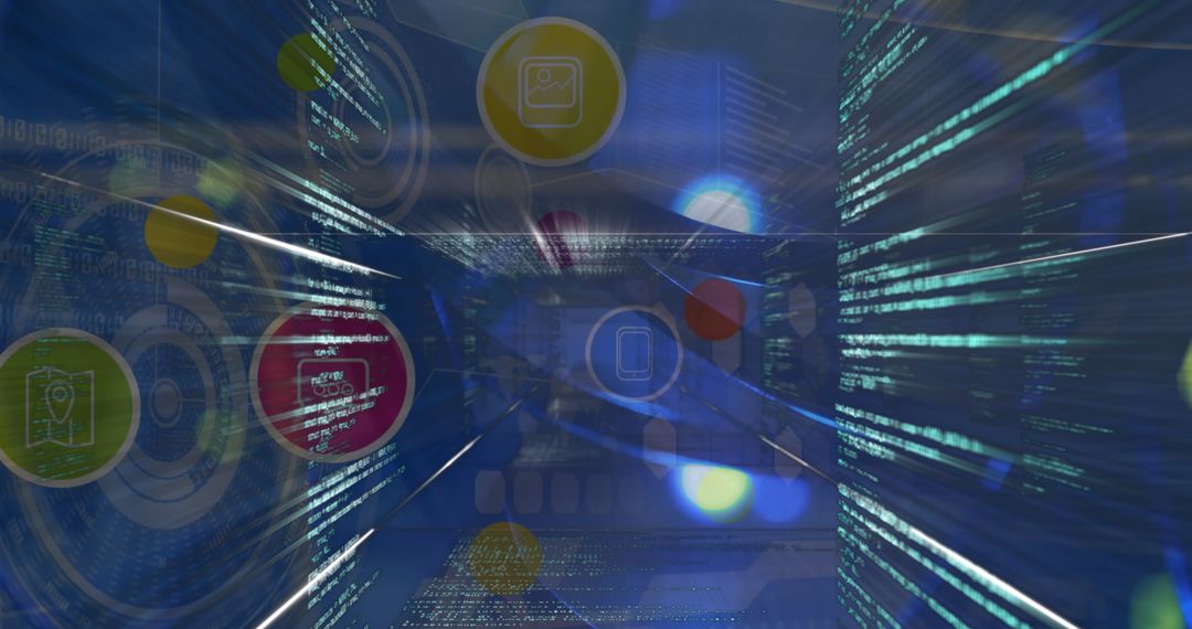 Futuristic Digital Code Tunnel with Holographic UI Icons