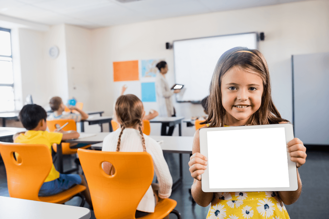 Transparent Background Smiling Girl Holding Tablet in Classroom