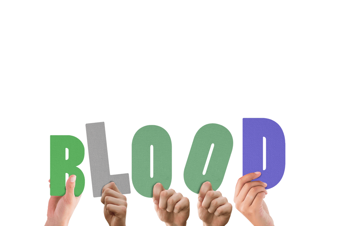 Transparent Diverse Hands Holding Blood Text on White