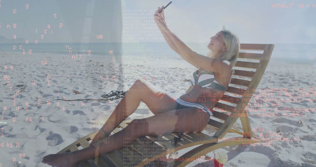 Woman on Beach Multitasking with Technology