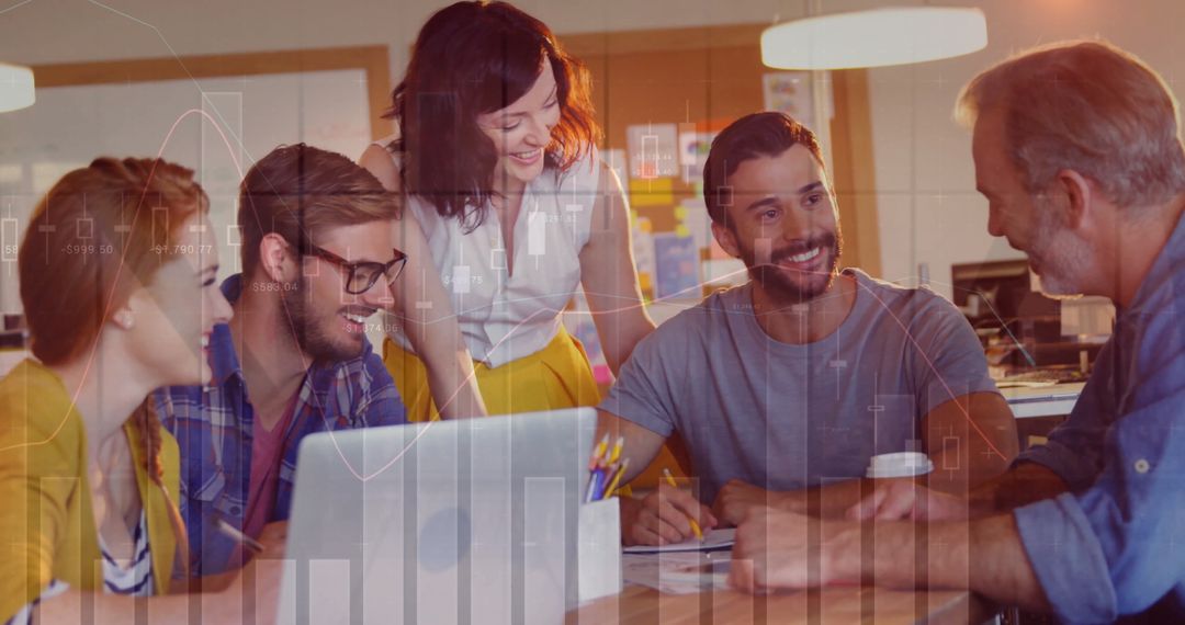 Diverse Team Collaborating with Global Financial Data Overlay