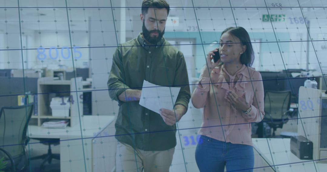 Colleagues Discuss Business Strategy with Transparent Data Overlay