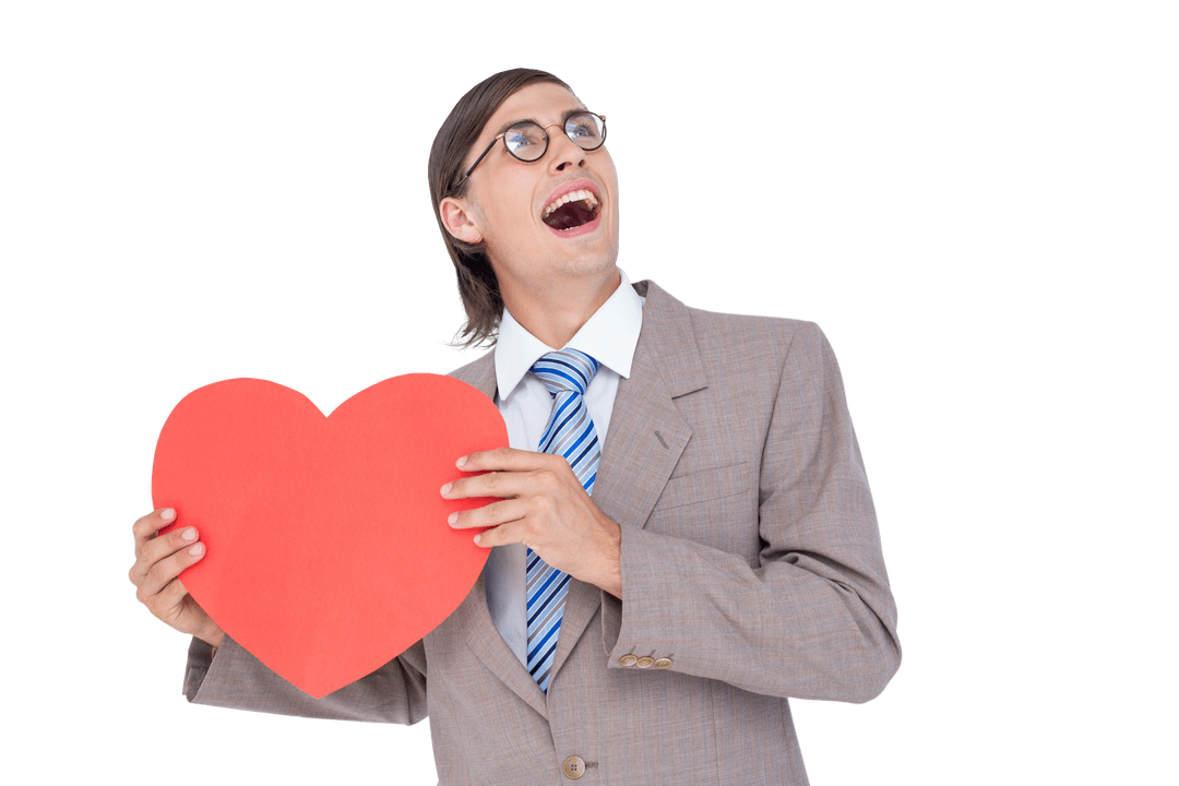 Geeky Businessman Cheerfully Holding Large Red Heart Transparent