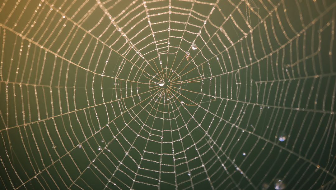 Dew-Dappled Orb Spider Web Capturing Morning Light with Beaded Gossamer Silk