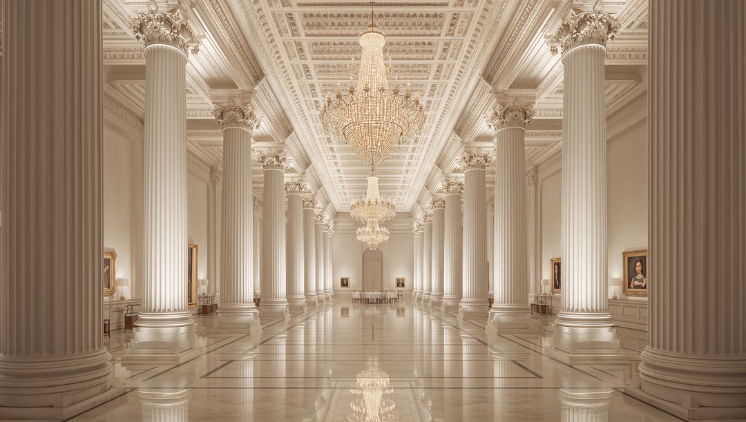 Showcasing Neoclassical Grand Hall with Symmetrical Marble Columns and Crystal Chandelier