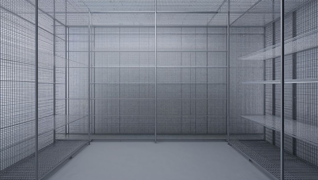 Empty Industrial Wire-Mesh Storage Cage in Minimalist Grayscale Utility Space