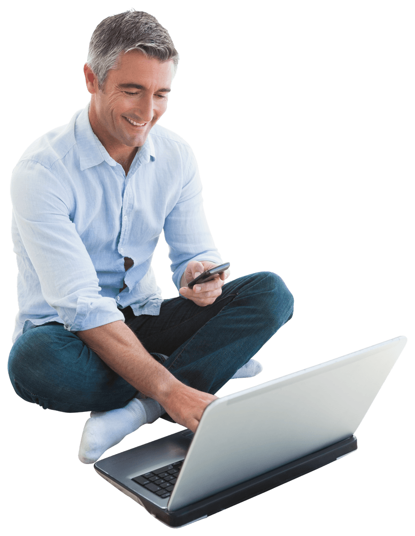 Mid-aged Man Using Smartphone and Laptop Transparent Background