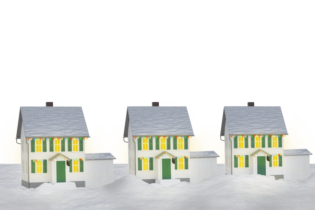 Festive Triad of Houses with Christmas Snow Decorations on Transparent Background