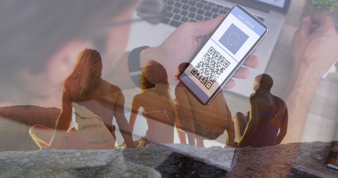 Smartphone Displaying COVID Passport Blending with Friends Relaxing on Beach
