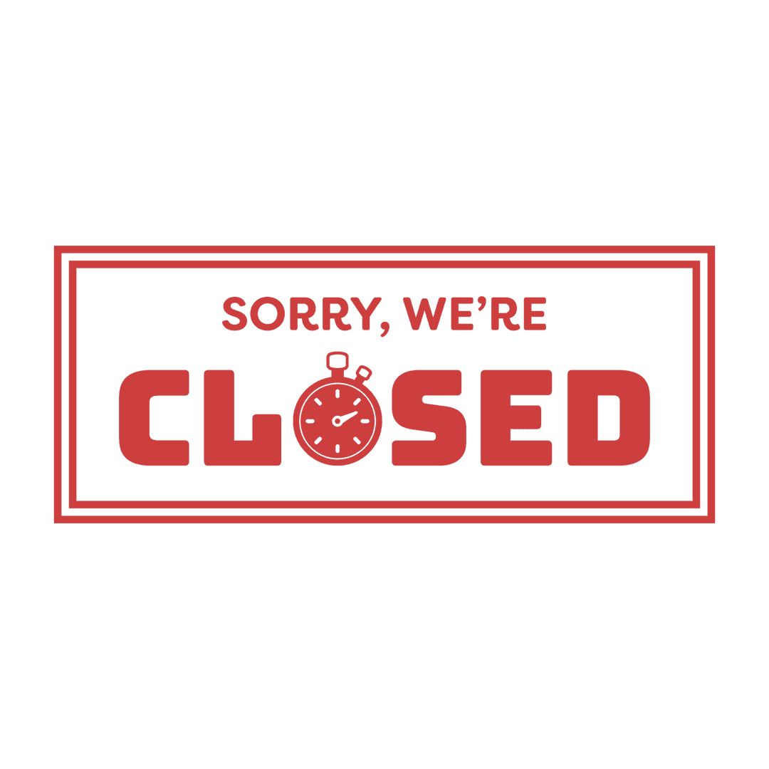 Digital Red Sorry We're Closed Sign with Clock on Transparent Background
