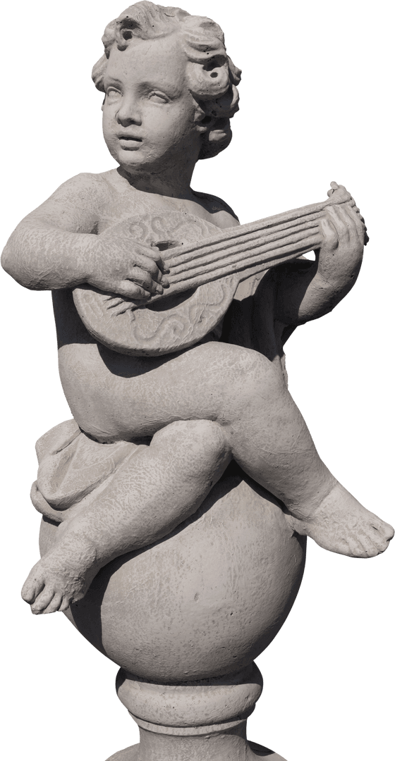 Weathered Sculpture of Cherub with Lute on Transparent Background