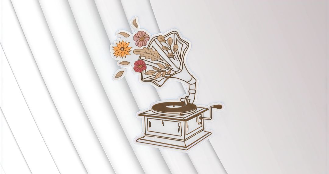 Vintage Gramophone with Floral Bouquet Emerging from Horn on Minimalist Diagonal Backdrop