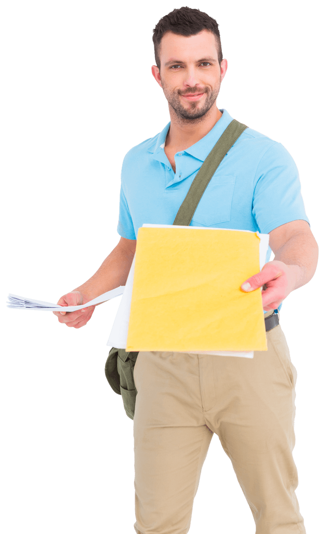 Happy Man Handing Out Documents on Transparent Background